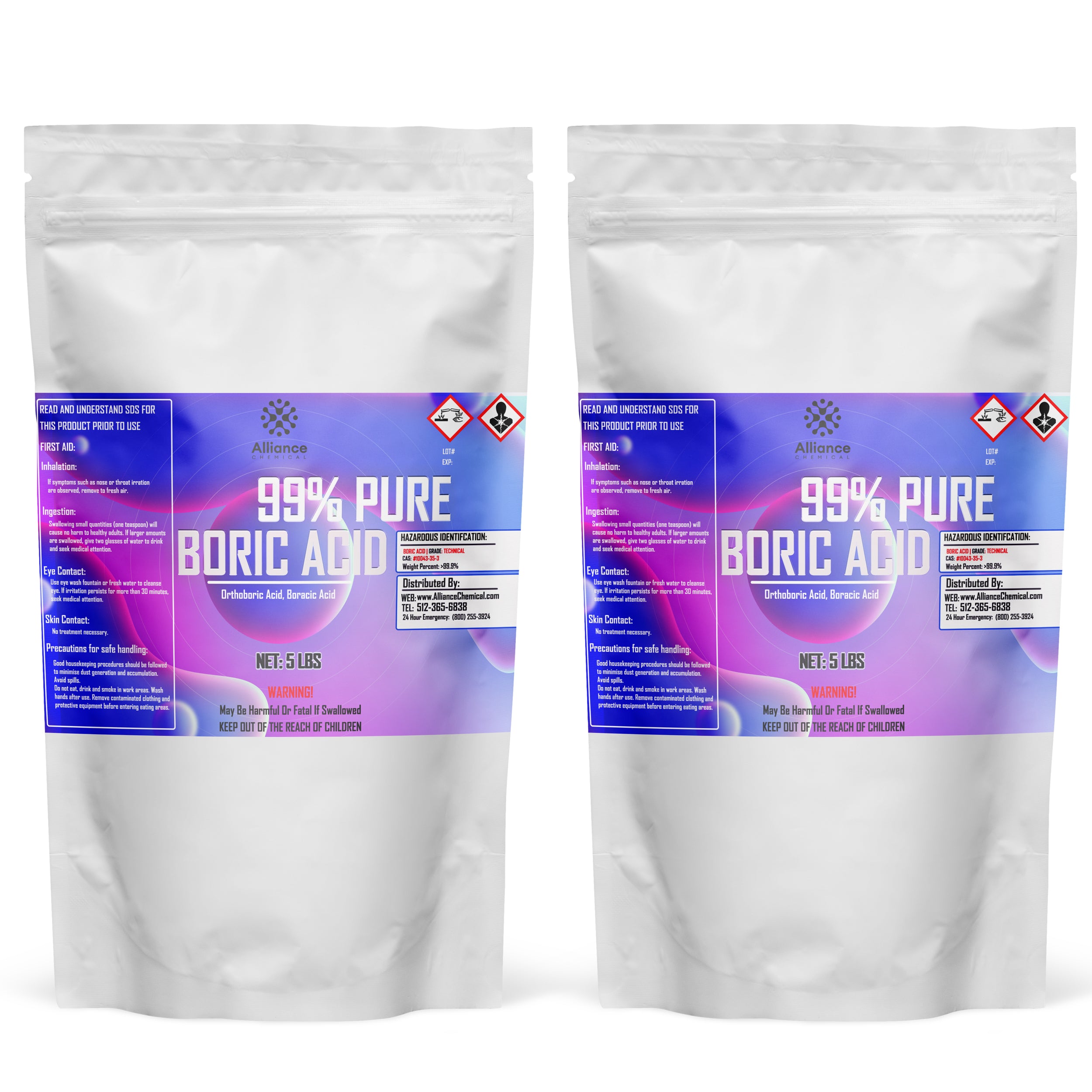 5 LB bags (2-pack) of 99% pure Boric Acid powder in resealable white pouches, featuring corrosive/irritant hazard symbols and first-aid instructions.